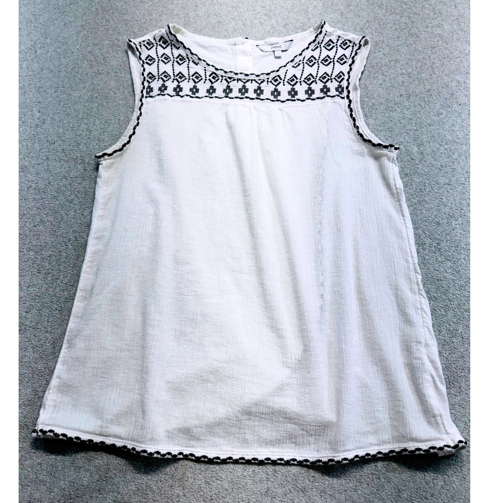 Next Tank Top Womens UK 12 White Embroidered Boho Cotton Sleeveless Blouse Airy